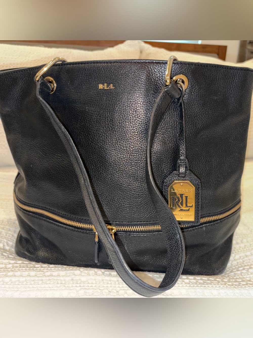 Ralph Lauren Black Pebbled Leather Tote with Gold Hardware